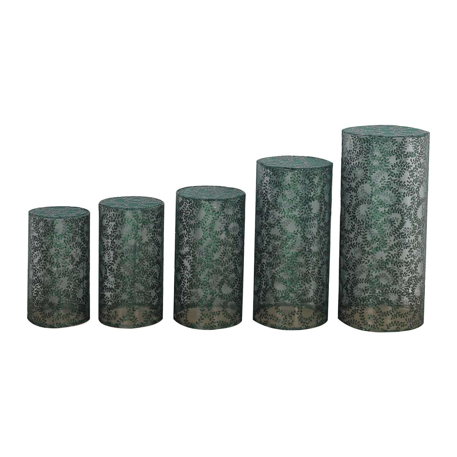 Set of 5 Hunter Emerald Green Sequin Mesh Cylinder Pedestal Stand Covers with Leaf Vine Embroidery, Sparkly Sheer Tulle Pillar Prop Covers - Bell Racket Store