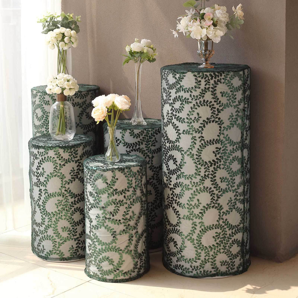 Set of 5 Hunter Emerald Green Sequin Mesh Cylinder Pedestal Stand Covers with Leaf Vine Embroidery, Sparkly Sheer Tulle Pillar Prop Covers - Bell Racket Store