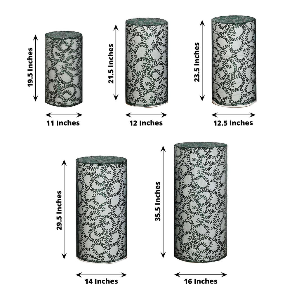 Set of 5 Hunter Emerald Green Sequin Mesh Cylinder Pedestal Stand Covers with Leaf Vine Embroidery, Sparkly Sheer Tulle Pillar Prop Covers - Bell Racket Store