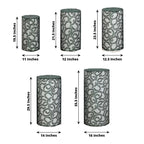 Set of 5 Hunter Emerald Green Sequin Mesh Cylinder Pedestal Stand Covers with Leaf Vine Embroidery, Sparkly Sheer Tulle Pillar Prop Covers - Bell Racket Store