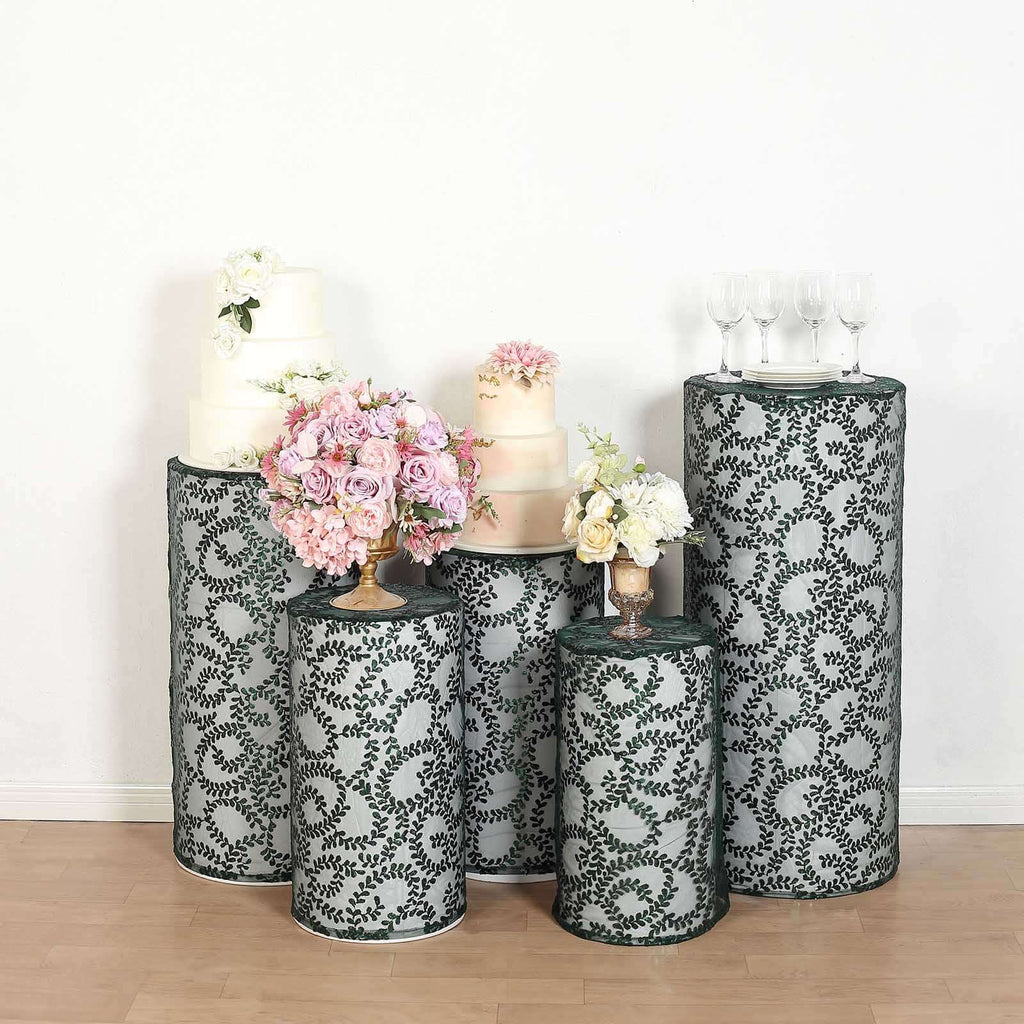 Set of 5 Hunter Emerald Green Sequin Mesh Cylinder Pedestal Stand Covers with Leaf Vine Embroidery, Sparkly Sheer Tulle Pillar Prop Covers - Bell Racket Store