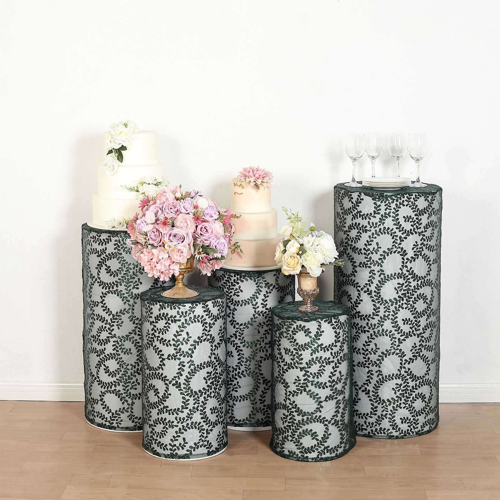 Set of 5 Hunter Emerald Green Sequin Mesh Cylinder Pedestal Stand Covers with Leaf Vine Embroidery, Sparkly Sheer Tulle Pillar Prop Covers - Bell Racket Store