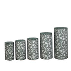 Set of 5 Hunter Emerald Green Sequin Mesh Cylinder Pedestal Stand Covers with Leaf Vine Embroidery, Sparkly Sheer Tulle Pillar Prop Covers - Bell Racket Store