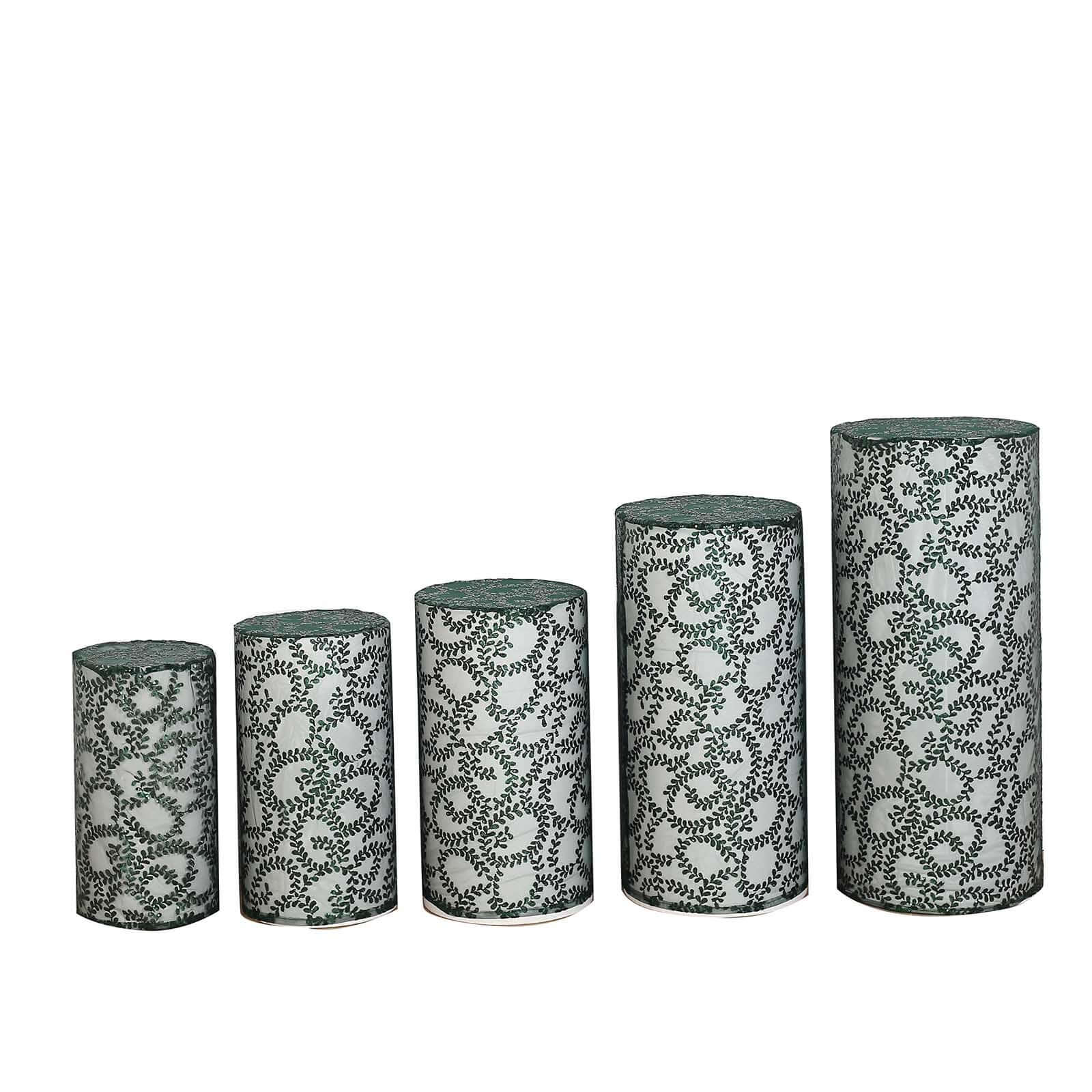 Set of 5 Hunter Emerald Green Sequin Mesh Cylinder Pedestal Stand Covers with Leaf Vine Embroidery, Sparkly Sheer Tulle Pillar Prop Covers - Bell Racket Store
