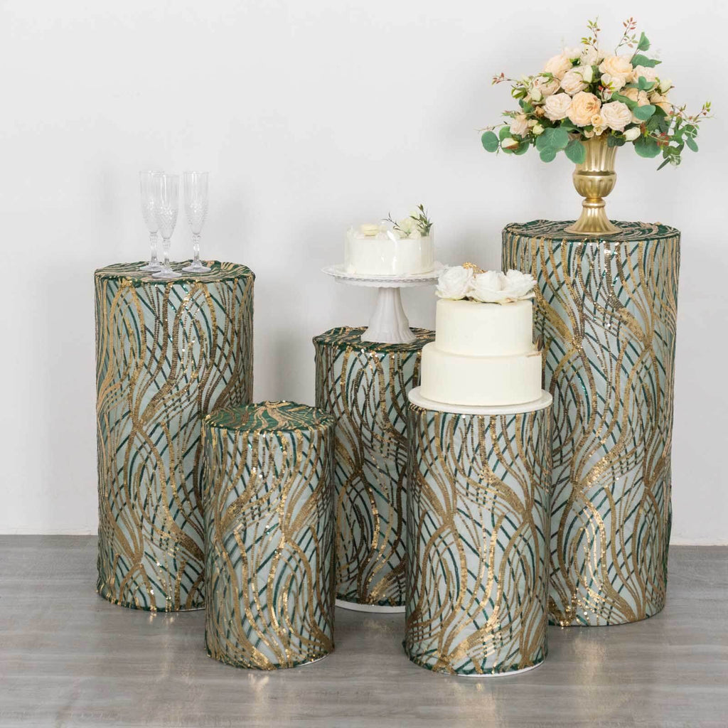 Set of 5 Hunter Green Wave Mesh Cylinder Pedestal Stand Covers with Embroidered Sequins, Emerald Pillar Prop Covers - 160 GSM - Bell Racket Store