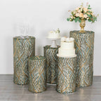 Set of 5 Hunter Green Wave Mesh Cylinder Pedestal Stand Covers with Embroidered Sequins, Emerald Pillar Prop Covers - 160 GSM - Bell Racket Store