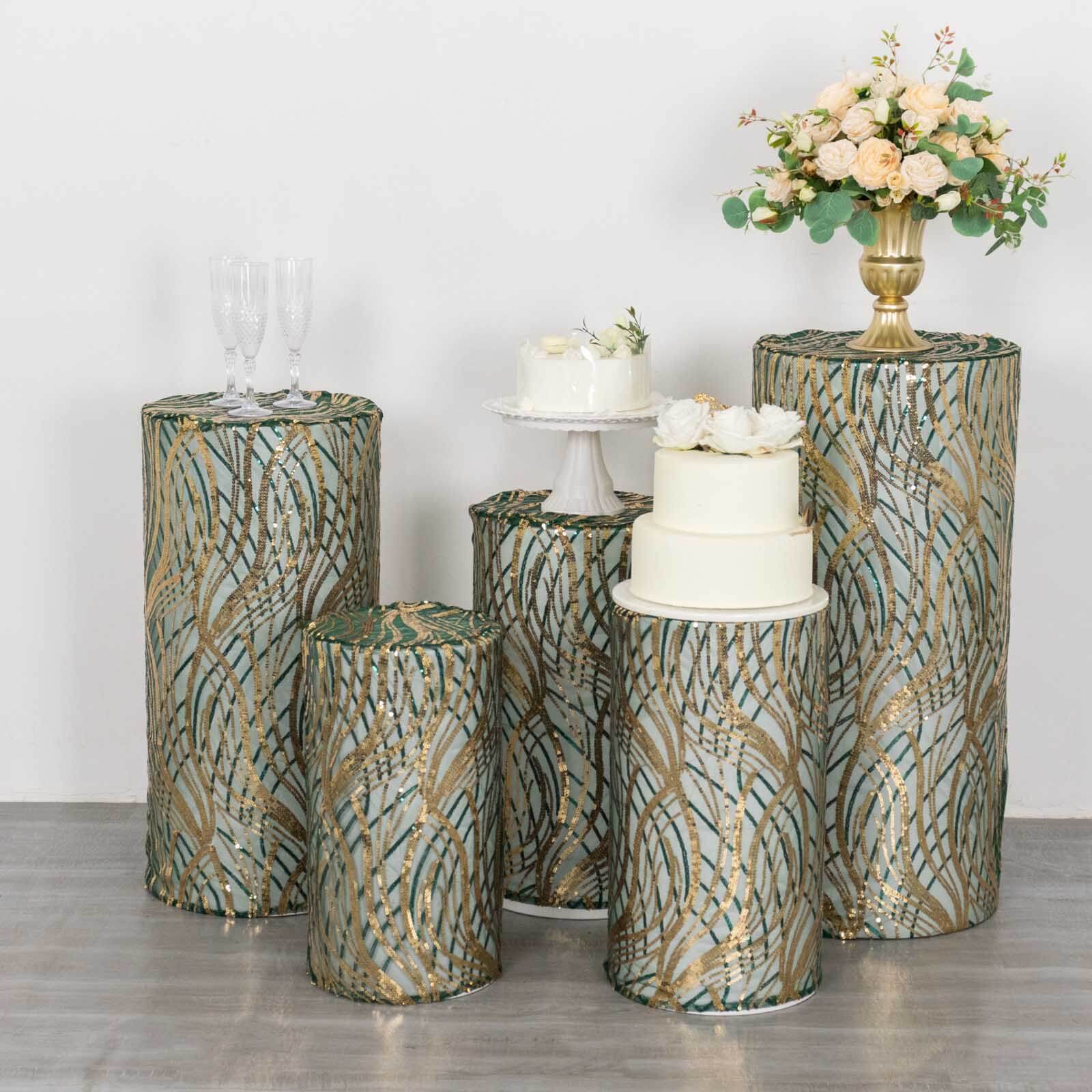 Set of 5 Hunter Green Wave Mesh Cylinder Pedestal Stand Covers with Embroidered Sequins, Emerald Pillar Prop Covers - 160 GSM - Bell Racket Store