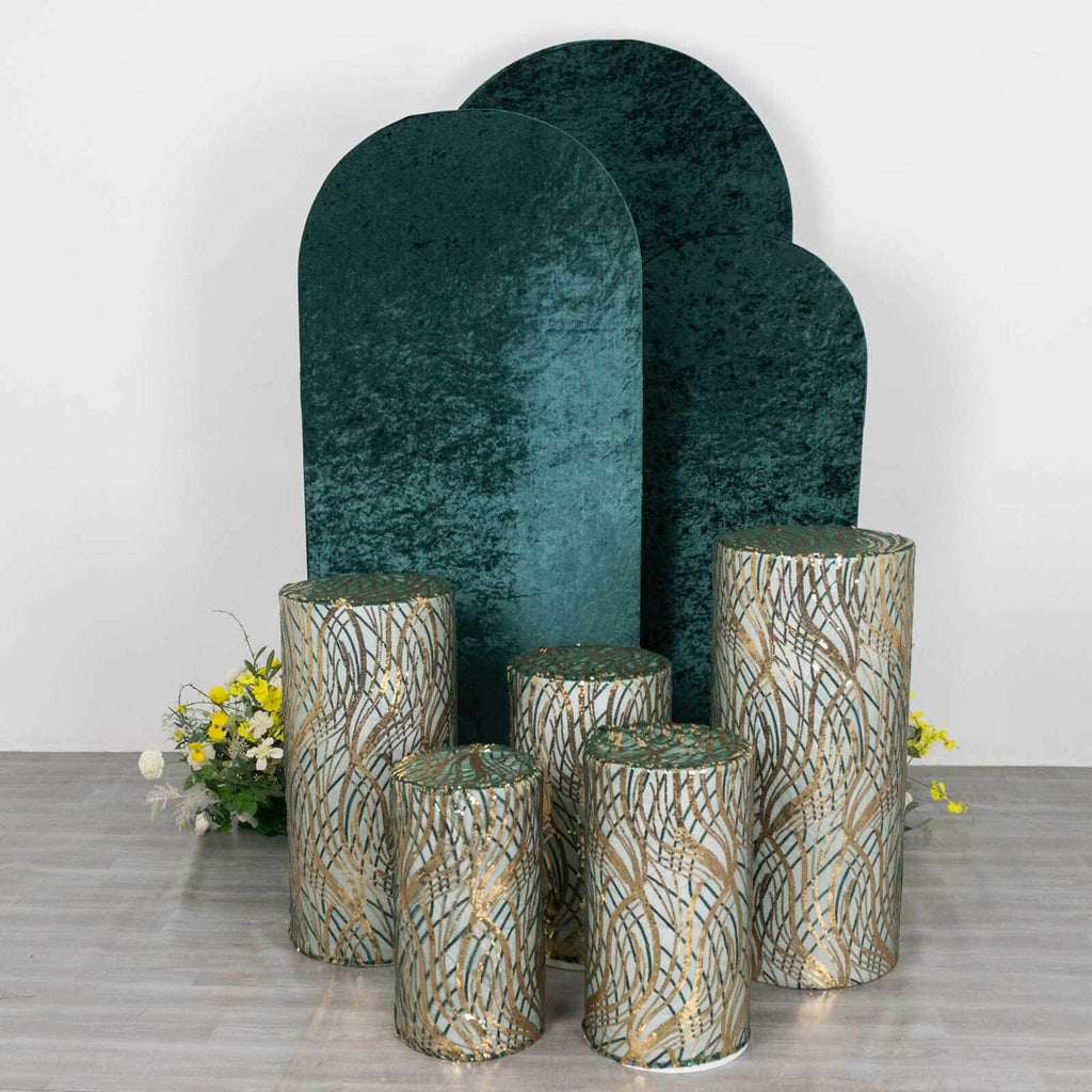 Set of 5 Hunter Green Wave Mesh Cylinder Pedestal Stand Covers with Embroidered Sequins, Emerald Pillar Prop Covers - 160 GSM - Bell Racket Store