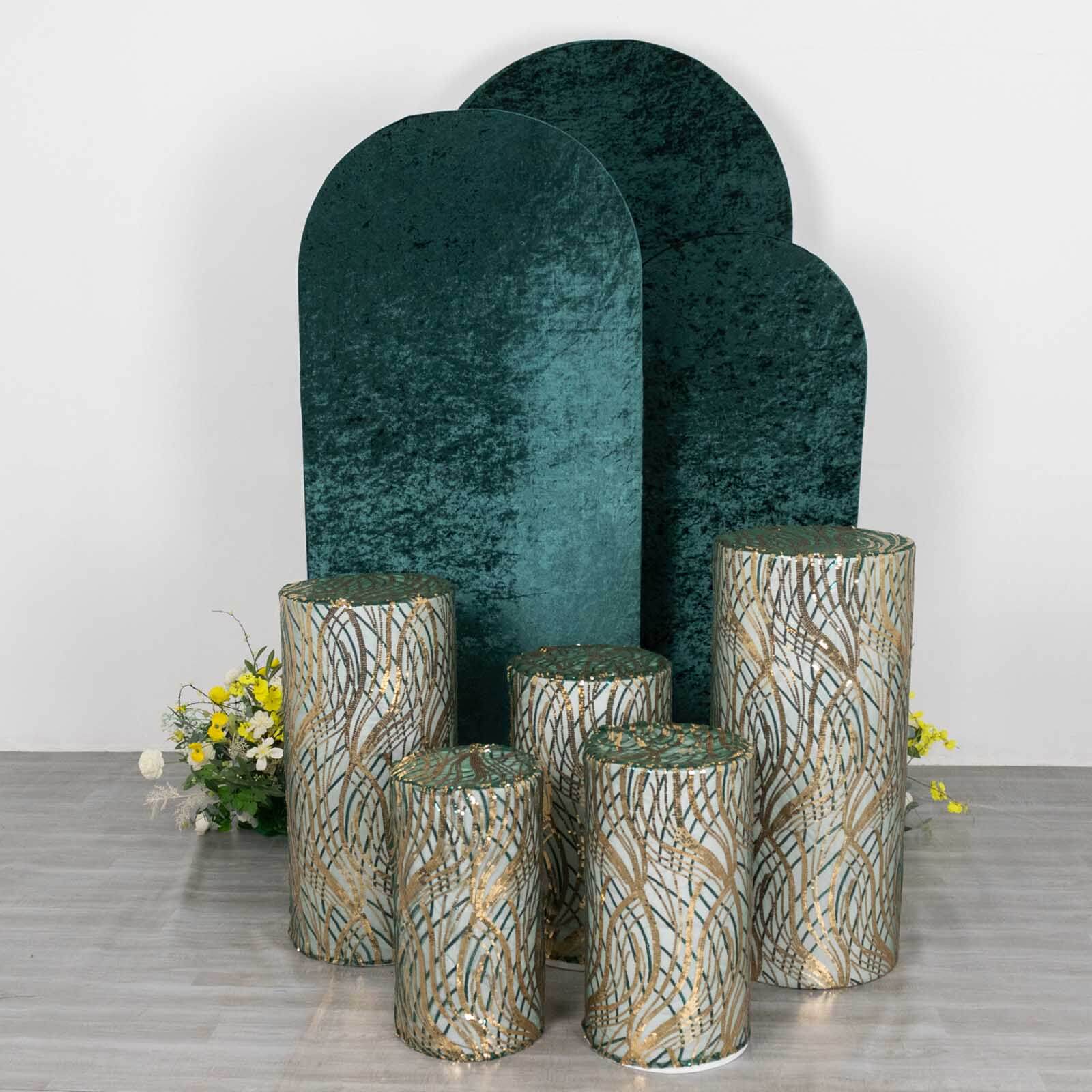 Set of 5 Hunter Green Wave Mesh Cylinder Pedestal Stand Covers with Embroidered Sequins, Emerald Pillar Prop Covers - 160 GSM - Bell Racket Store