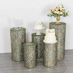 Set of 5 Hunter Green Wave Mesh Cylinder Pedestal Stand Covers with Embroidered Sequins, Emerald Pillar Prop Covers - 160 GSM - Bell Racket Store