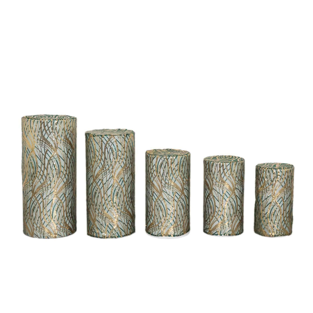 Set of 5 Hunter Green Wave Mesh Cylinder Pedestal Stand Covers with Embroidered Sequins, Emerald Pillar Prop Covers - 160 GSM - Bell Racket Store