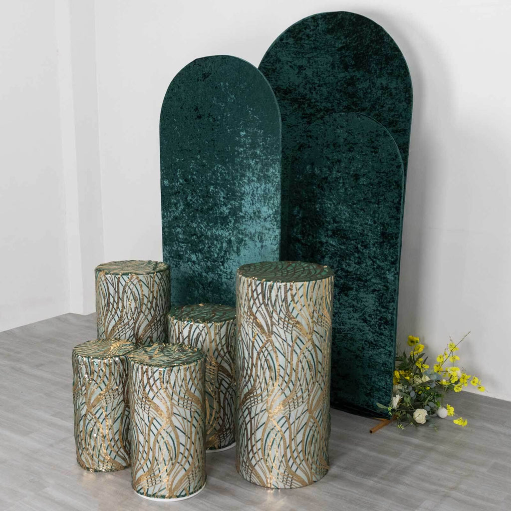 Set of 5 Hunter Green Wave Mesh Cylinder Pedestal Stand Covers with Embroidered Sequins, Emerald Pillar Prop Covers - 160 GSM - Bell Racket Store