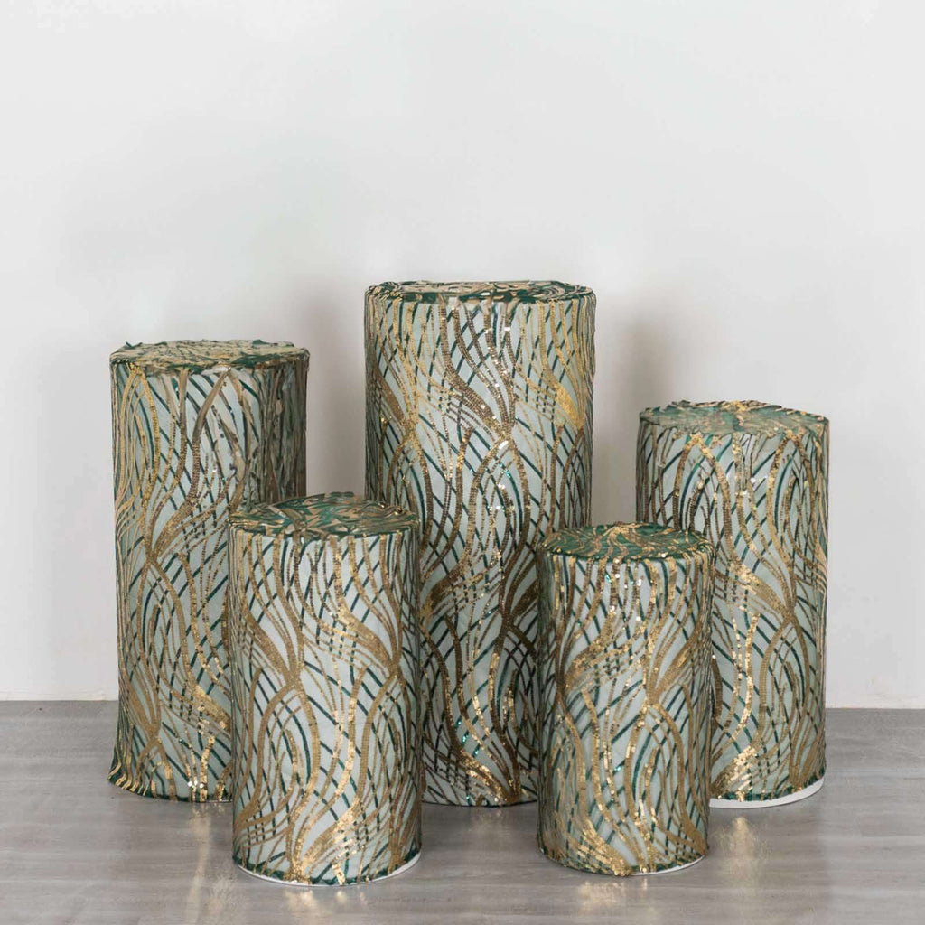 Set of 5 Hunter Green Wave Mesh Cylinder Pedestal Stand Covers with Embroidered Sequins, Emerald Pillar Prop Covers - 160 GSM - Bell Racket Store
