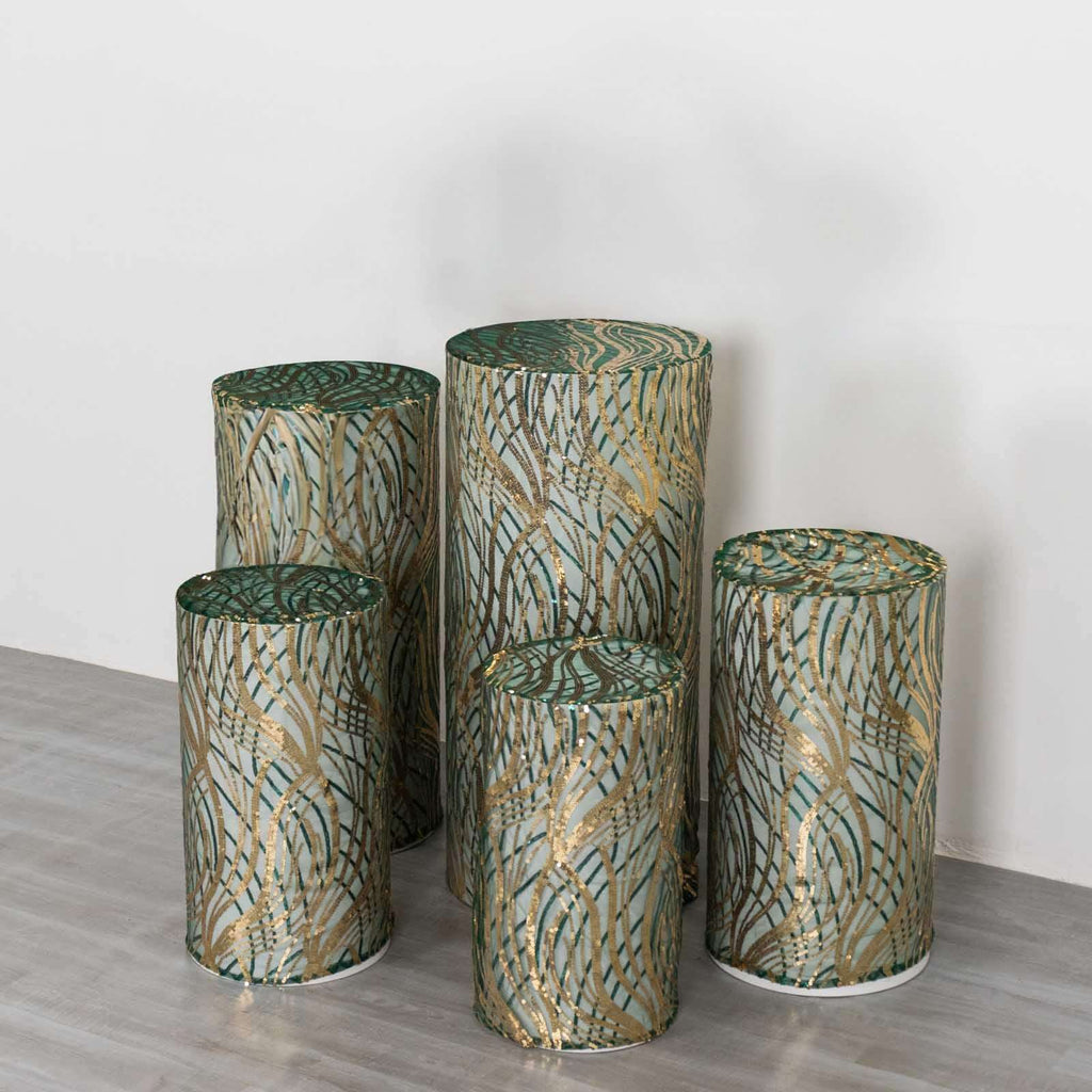 Set of 5 Hunter Green Wave Mesh Cylinder Pedestal Stand Covers with Embroidered Sequins, Emerald Pillar Prop Covers - 160 GSM - Bell Racket Store