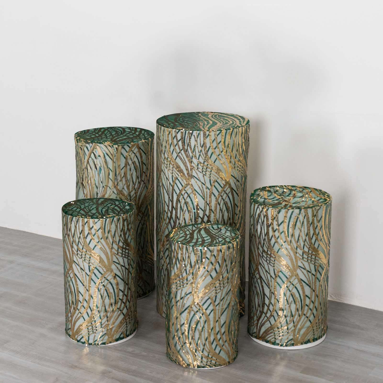 Set of 5 Hunter Green Wave Mesh Cylinder Pedestal Stand Covers with Embroidered Sequins, Emerald Pillar Prop Covers - 160 GSM - Bell Racket Store
