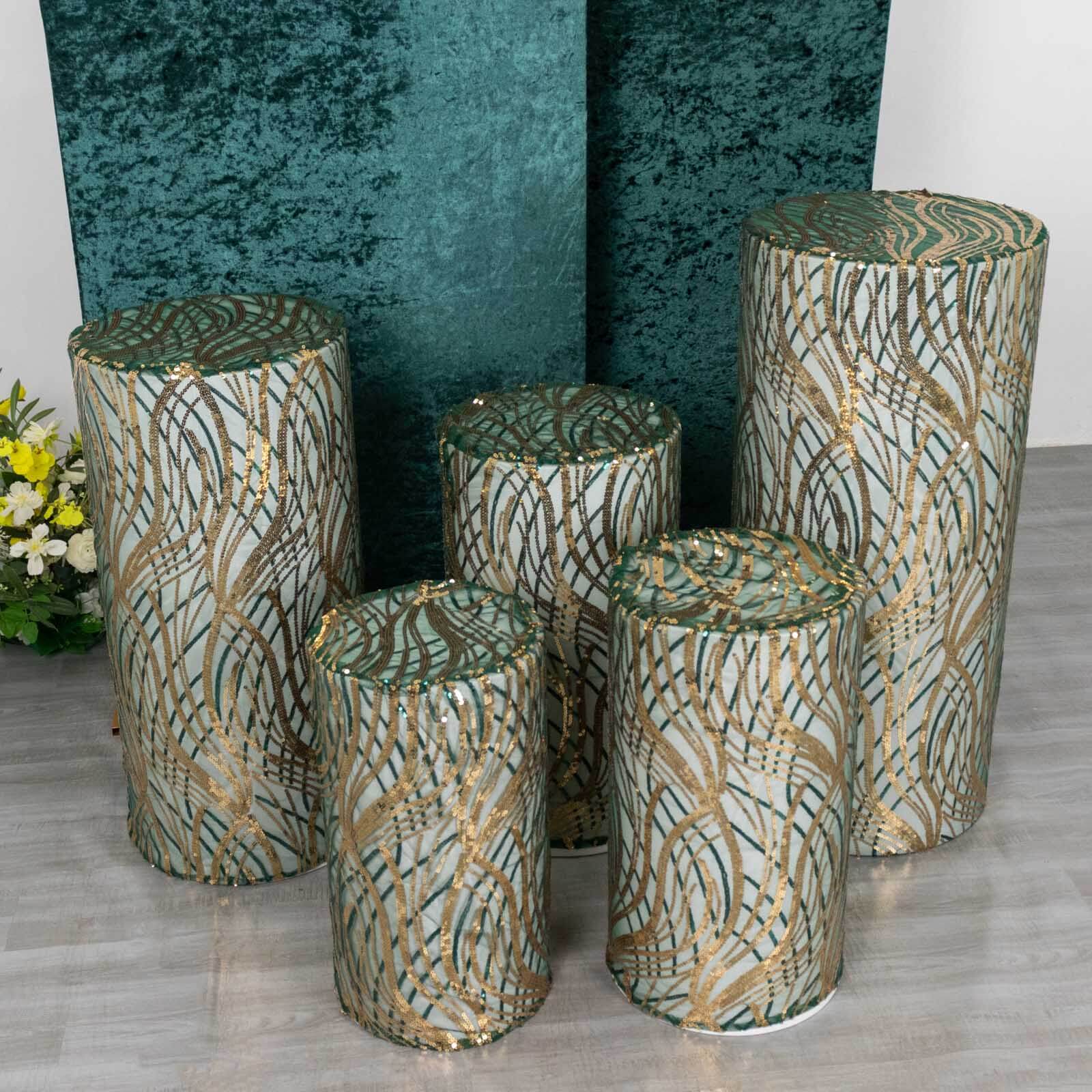 Set of 5 Hunter Green Wave Mesh Cylinder Pedestal Stand Covers with Embroidered Sequins, Emerald Pillar Prop Covers - 160 GSM - Bell Racket Store