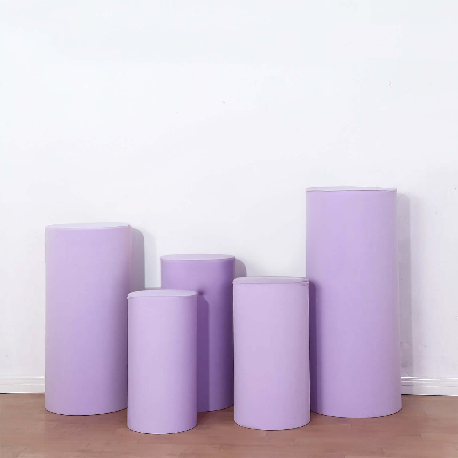 Set of 5 Lavender Lilac Spandex Cylinder Pedestal Stand Covers, Stretchable Pillar Prop Covers - 160 GSM - Bell Racket Store
