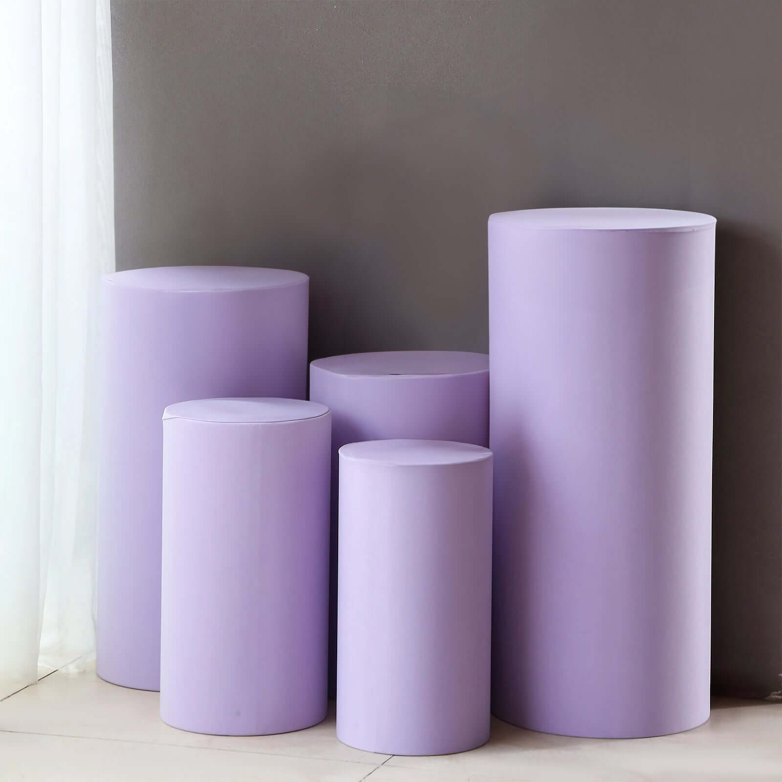 Set of 5 Lavender Lilac Spandex Cylinder Pedestal Stand Covers, Stretchable Pillar Prop Covers - 160 GSM - Bell Racket Store