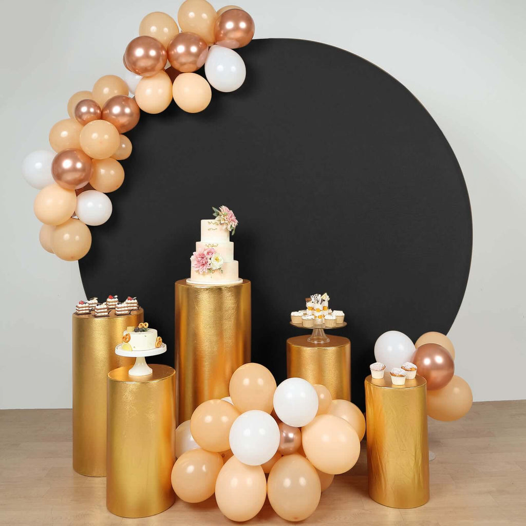 Set of 5 Metallic Gold Spandex Cylinder Pedestal Stand Covers, Shiny Stretchable Pillar Prop Covers - 130 GSM - Bell Racket Store