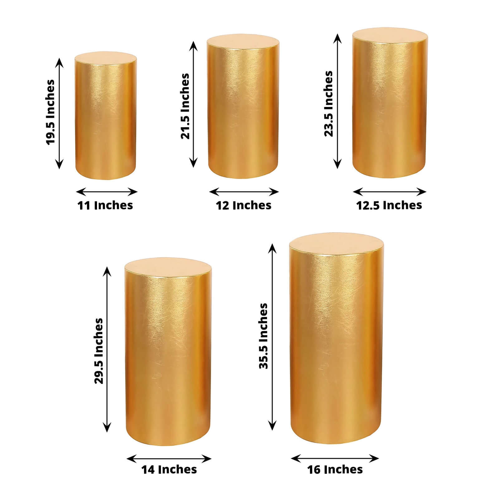 Set of 5 Metallic Gold Spandex Cylinder Pedestal Stand Covers, Shiny Stretchable Pillar Prop Covers - 130 GSM - Bell Racket Store