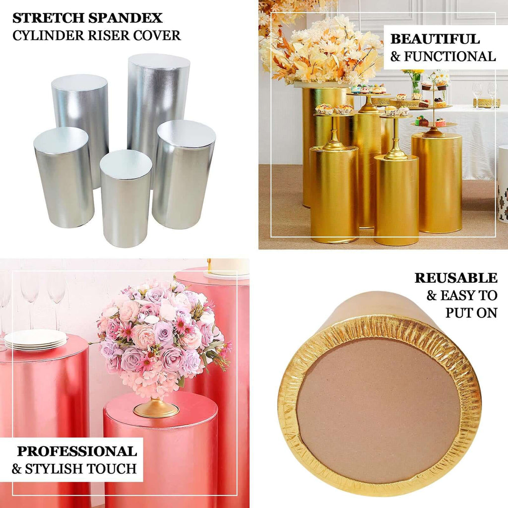 Set of 5 Metallic Gold Spandex Cylinder Pedestal Stand Covers, Shiny Stretchable Pillar Prop Covers - 130 GSM - Bell Racket Store