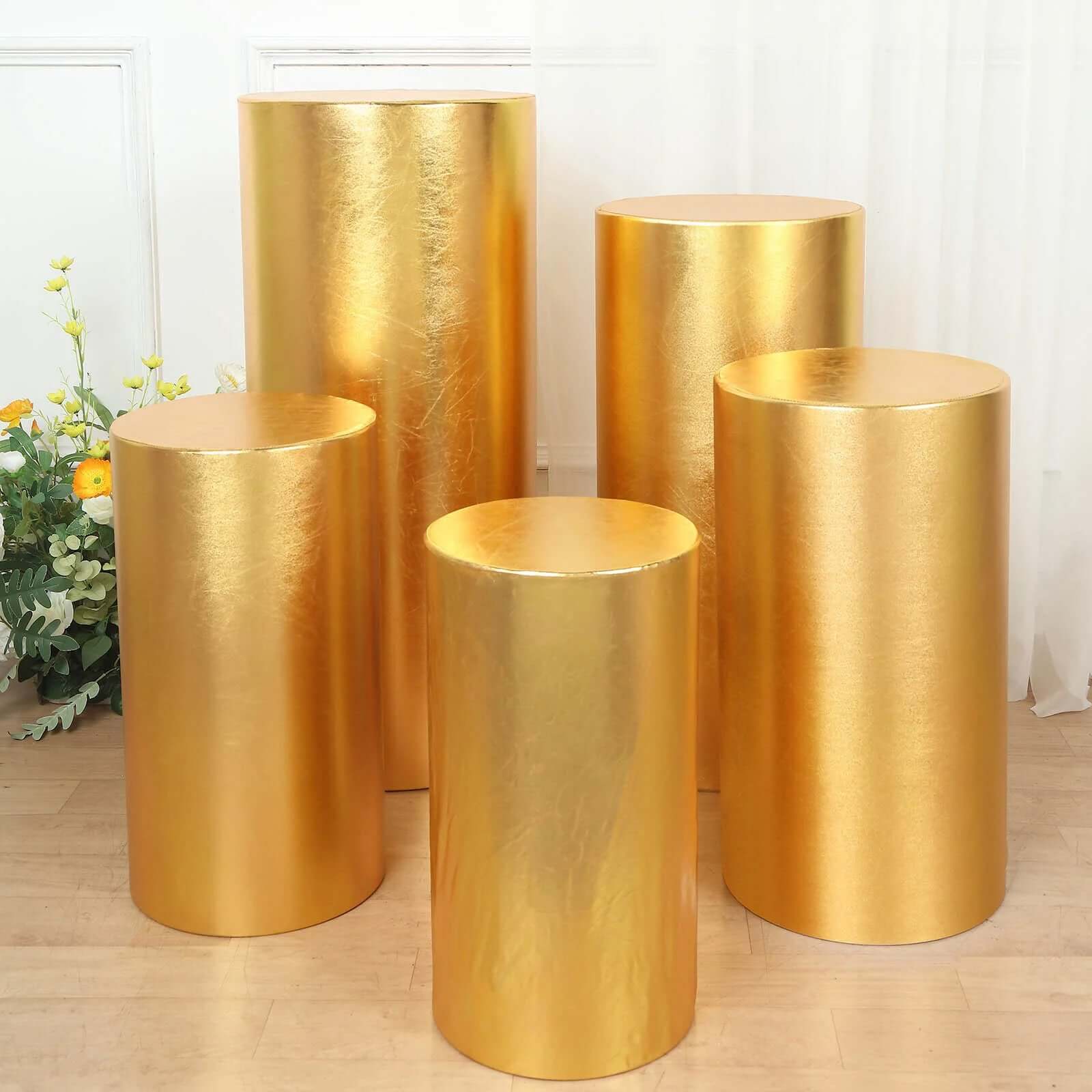 Set of 5 Metallic Gold Spandex Cylinder Pedestal Stand Covers, Shiny Stretchable Pillar Prop Covers - 130 GSM - Bell Racket Store