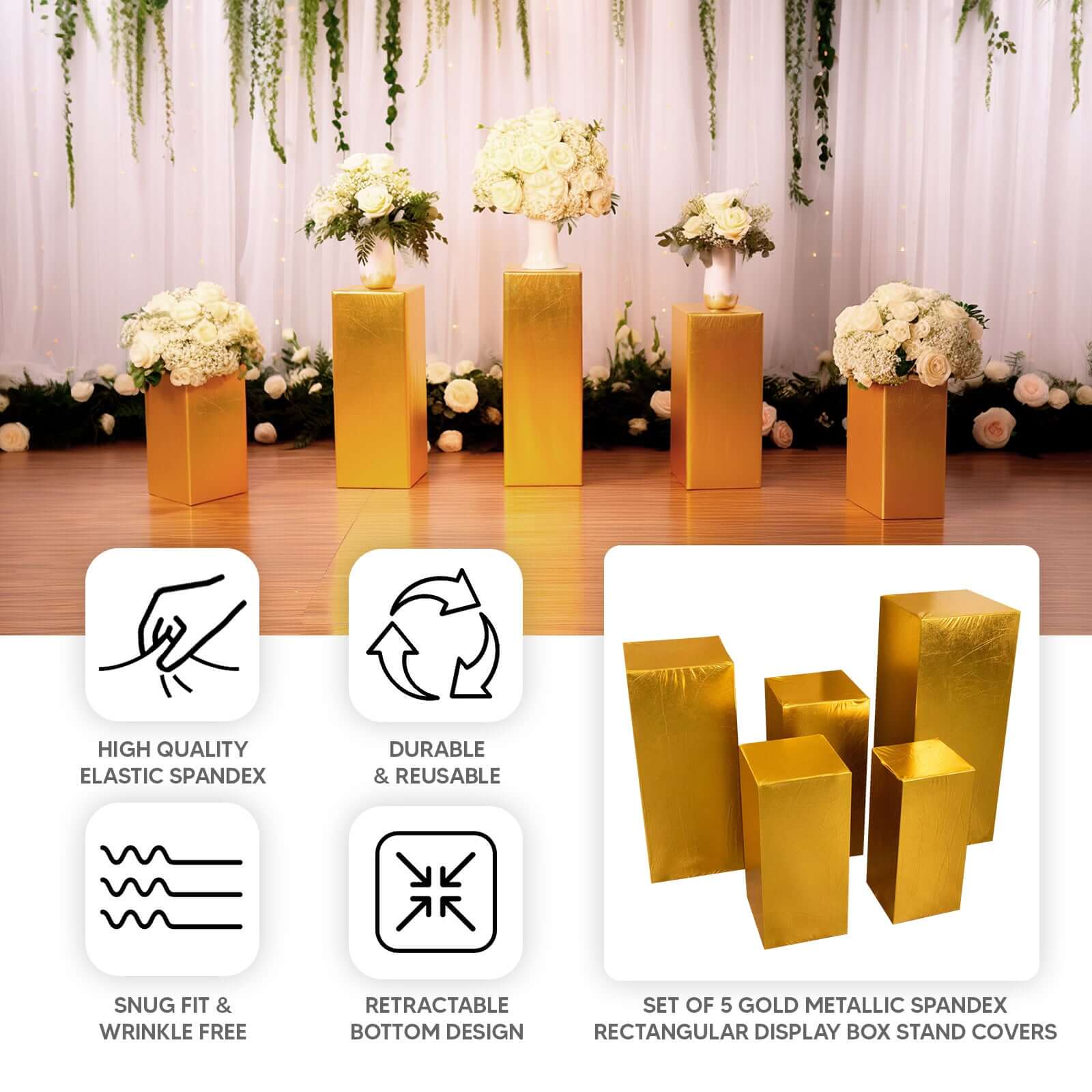 Set of 5 Metallic Gold Spandex Rectangle Pedestal Stand Covers, Stretchable Pillar Prop Covers - 160 GSM - Bell Racket Store