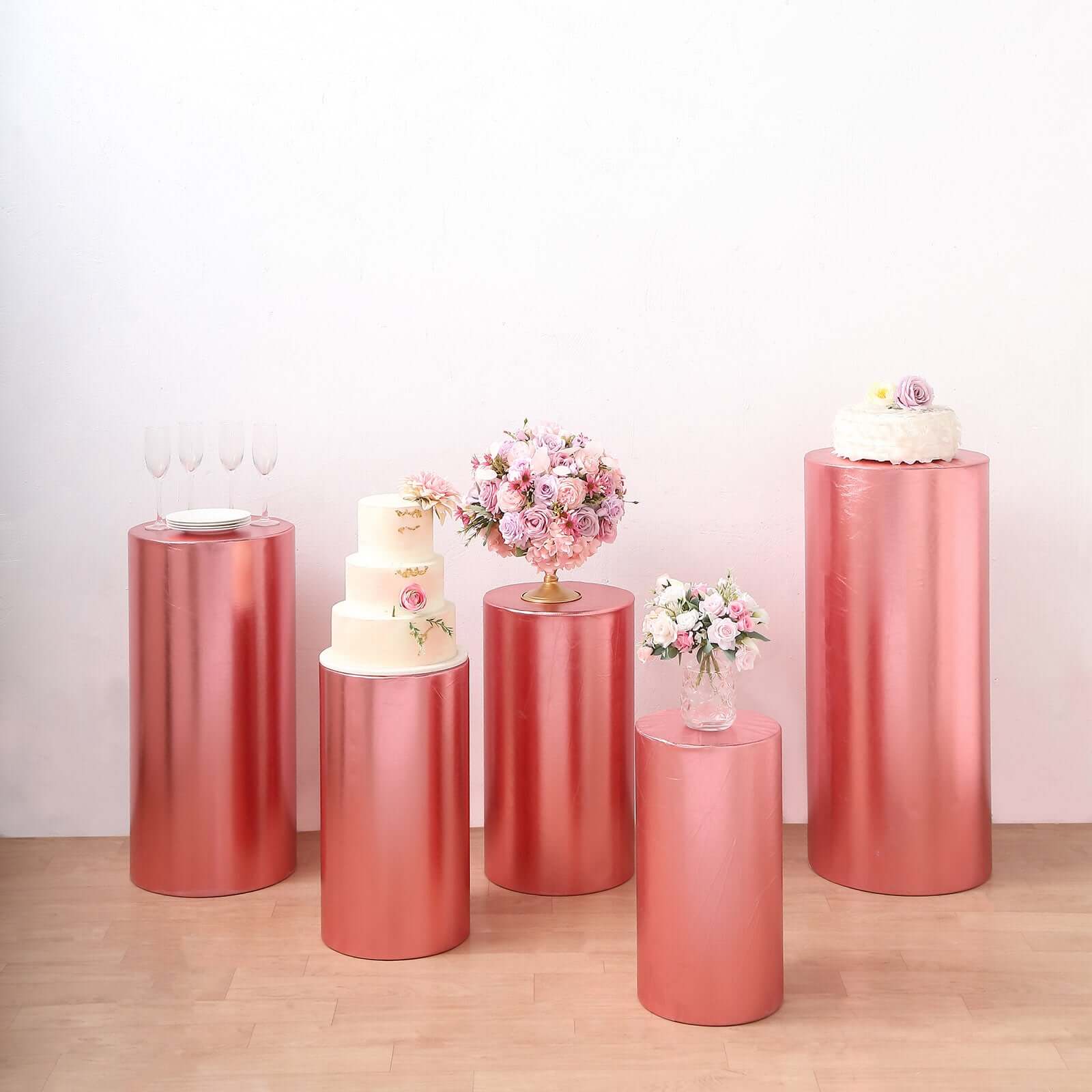 Set of 5 Metallic Rose Gold Spandex Cylinder Pedestal Stand Covers, Shiny Stretchable Pillar Prop Covers - 130 GSM - Bell Racket Store