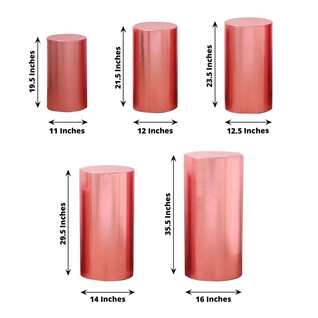 Set of 5 Metallic Rose Gold Spandex Cylinder Pedestal Stand Covers, Shiny Stretchable Pillar Prop Covers - 130 GSM - Bell Racket Store