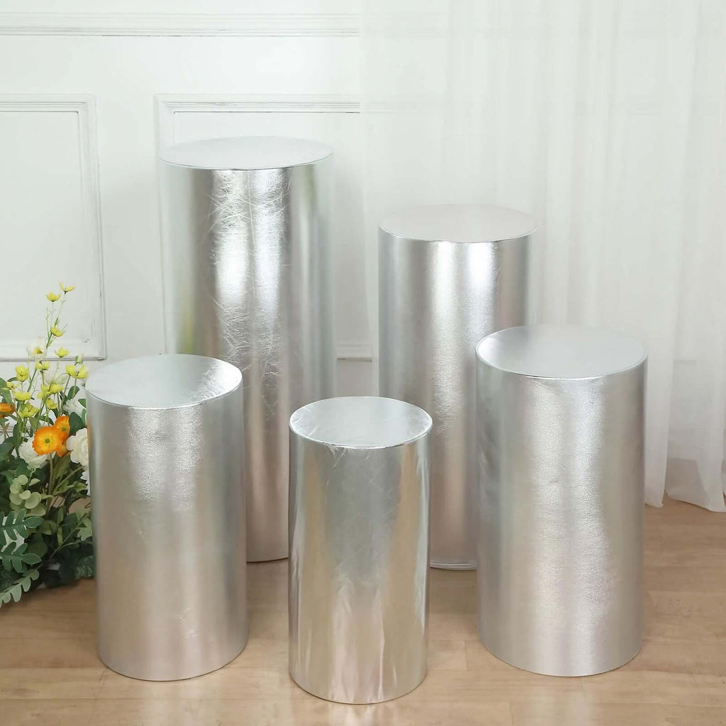 Set of 5 Metallic Silver Spandex Cylinder Pedestal Stand Covers, Shiny Stretchable Pillar Prop Covers - 130 GSM - Bell Racket Store