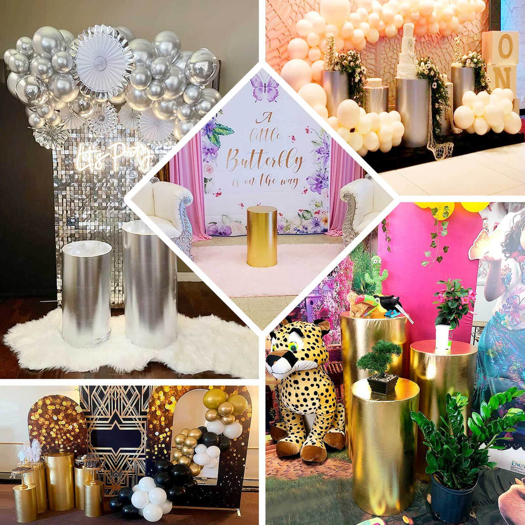 Set of 5 Metallic Silver Spandex Cylinder Pedestal Stand Covers, Shiny Stretchable Pillar Prop Covers - 130 GSM - Bell Racket Store