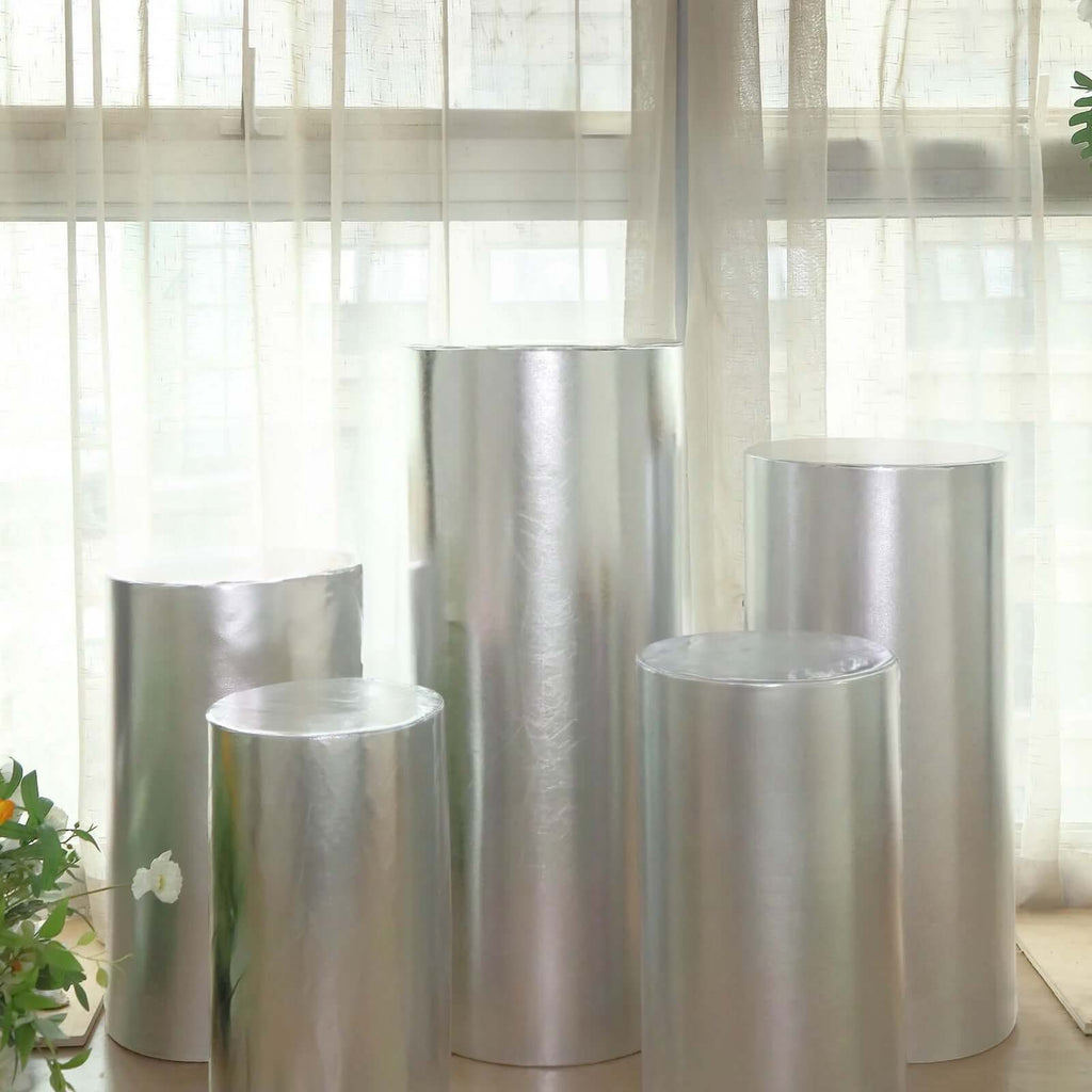 Set of 5 Metallic Silver Spandex Cylinder Pedestal Stand Covers, Shiny Stretchable Pillar Prop Covers - 130 GSM - Bell Racket Store