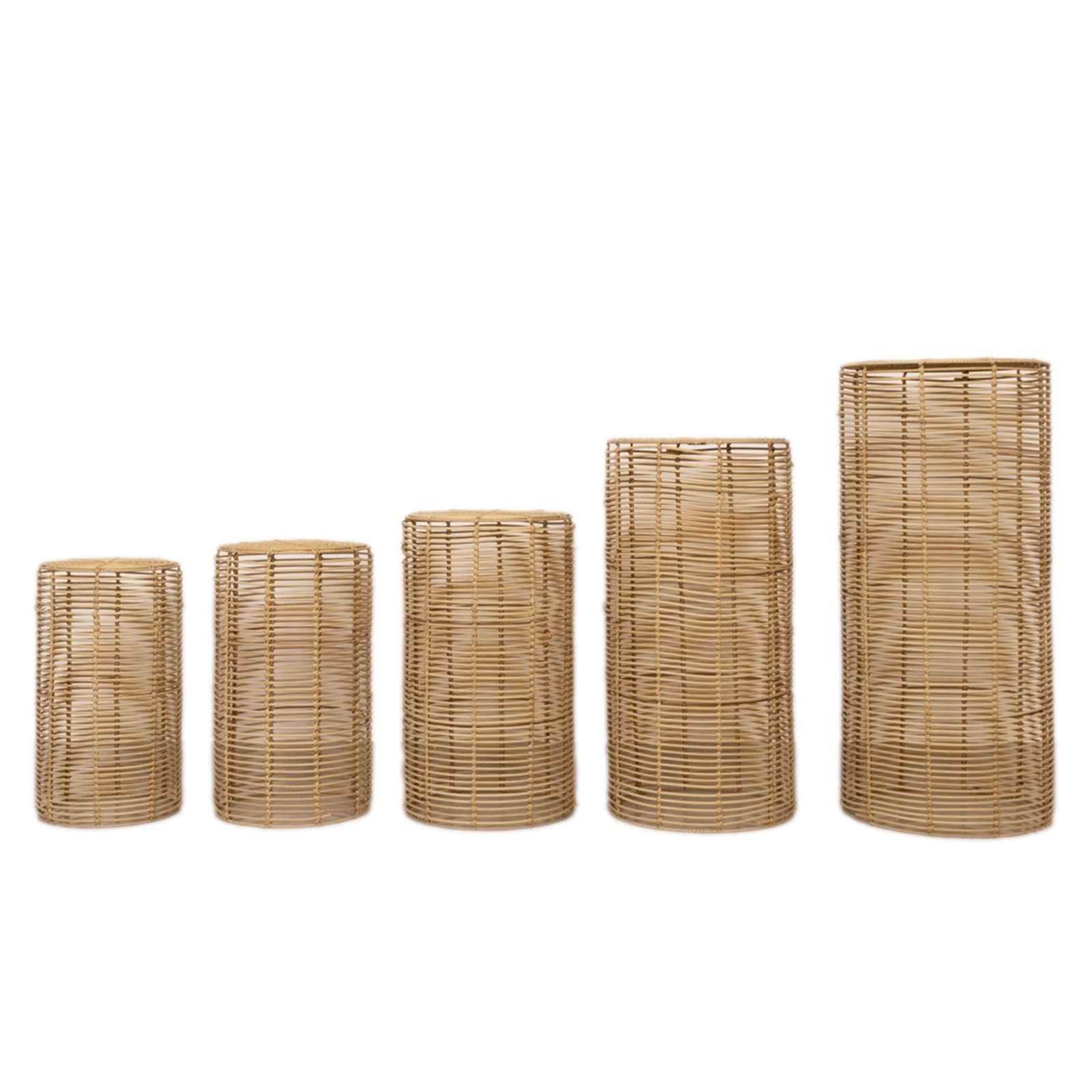 Set of 5 Natural Woven Rattan Wicker Pedestal Stands, Boho Chic Side Table Cylinder Cake Dessert Plant Display Stands - 20",21",24",29",36" - Bell Racket Store