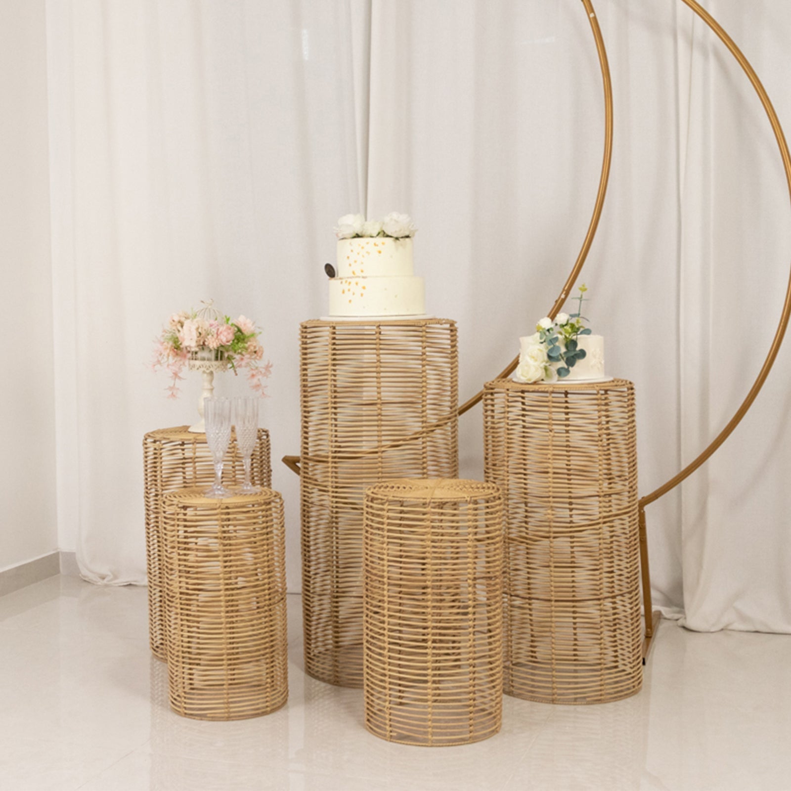 Set of 5 Natural Woven Rattan Wicker Pedestal Stands, Boho Chic Side Table Cylinder Cake Dessert Plant Display Stands - 20",21",24",29",36" - Bell Racket Store