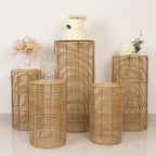 Set of 5 Natural Woven Rattan Wicker Pedestal Stands, Boho Chic Side Table Cylinder Cake Dessert Plant Display Stands - 20",21",24",29",36" - Bell Racket Store