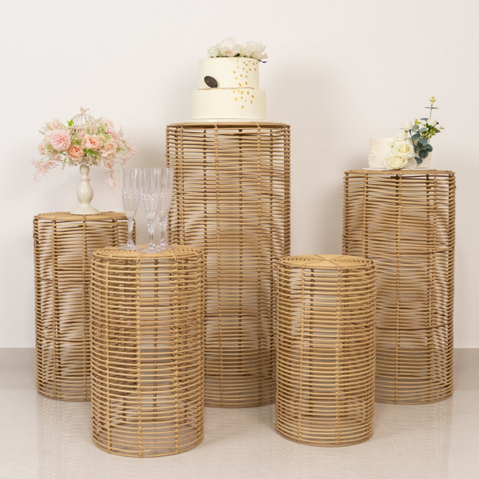 Set of 5 Natural Woven Rattan Wicker Pedestal Stands, Boho Chic Side Table Cylinder Cake Dessert Plant Display Stands - 20",21",24",29",36" - Bell Racket Store