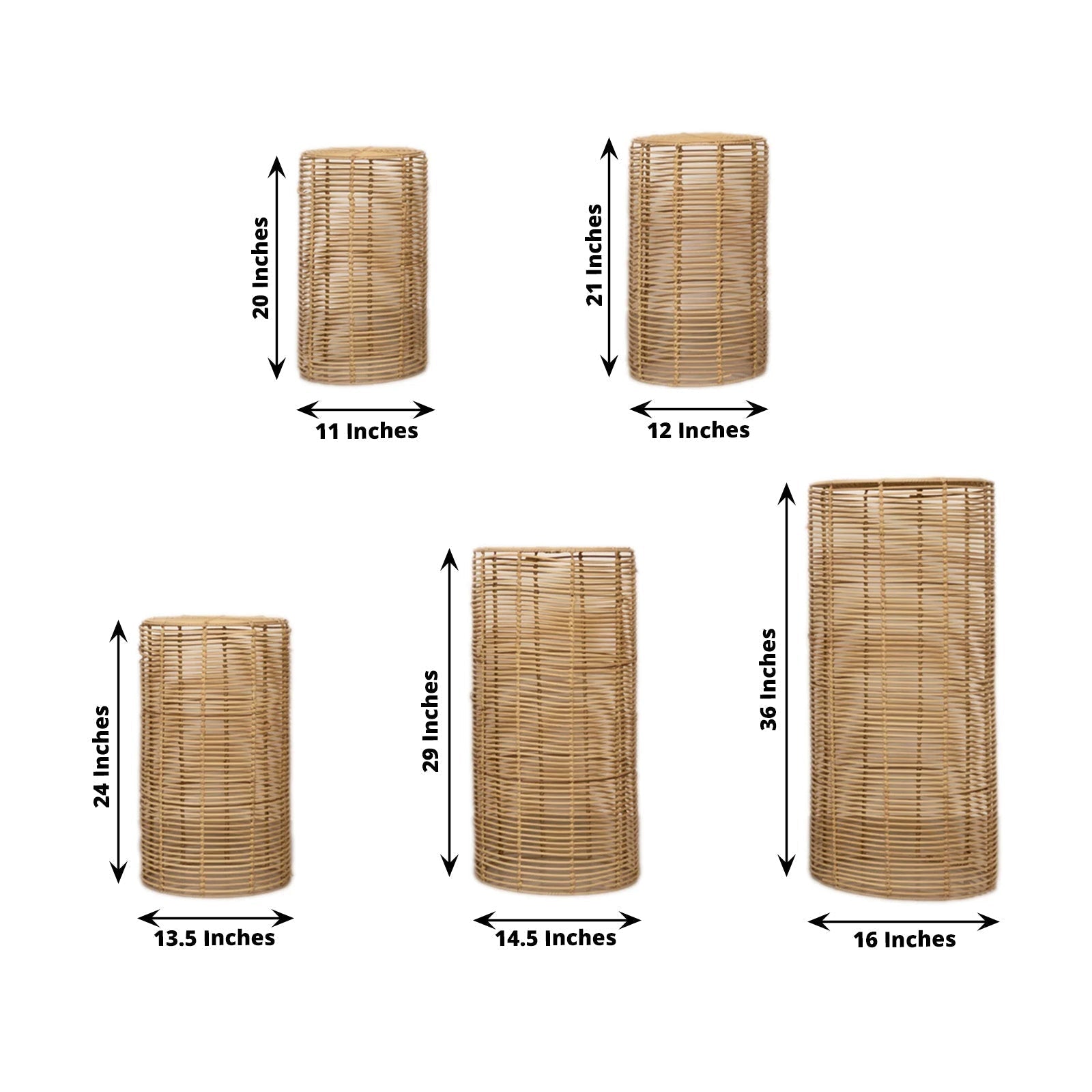 Set of 5 Natural Woven Rattan Wicker Pedestal Stands, Boho Chic Side Table Cylinder Cake Dessert Plant Display Stands - 20",21",24",29",36" - Bell Racket Store