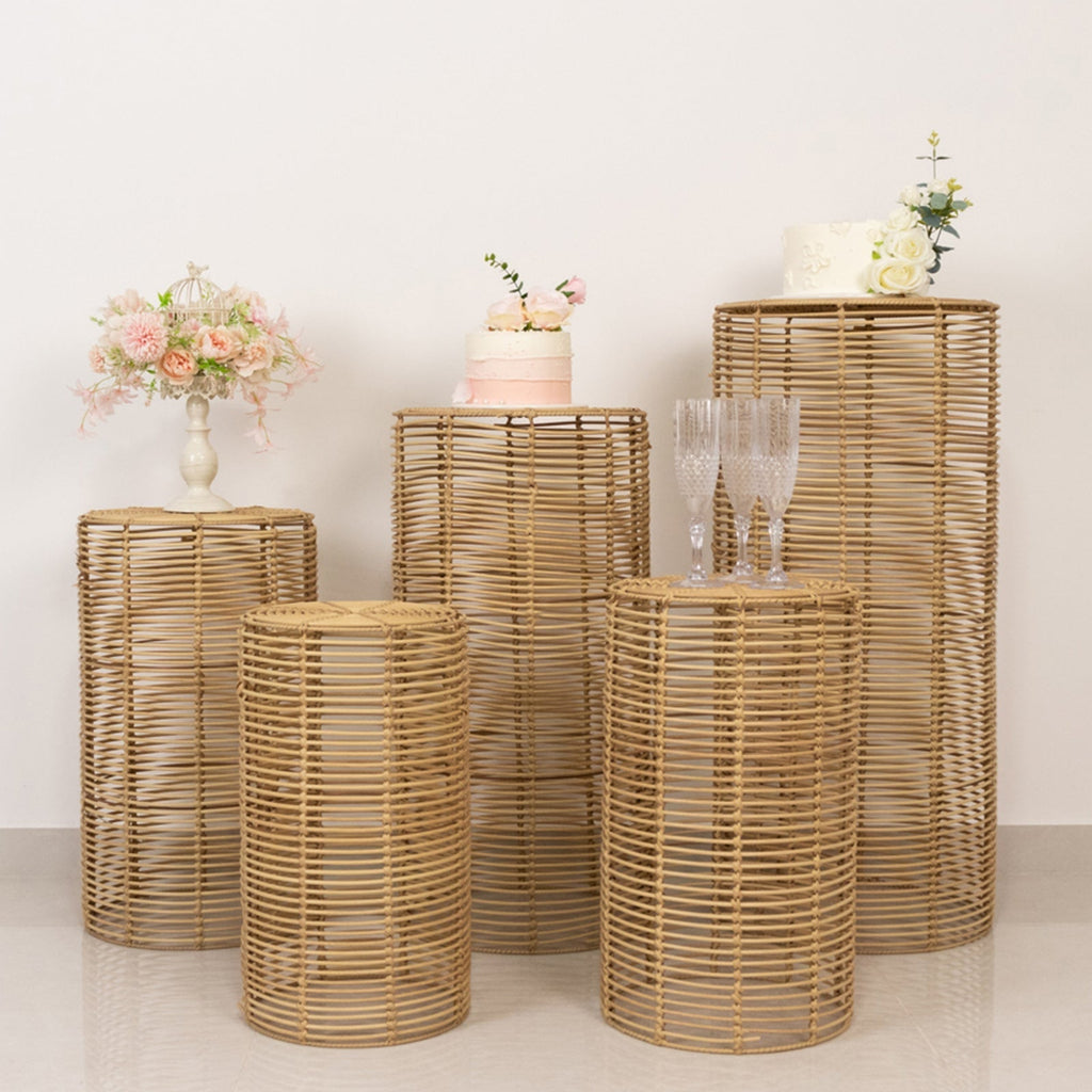 Set of 5 Natural Woven Rattan Wicker Pedestal Stands, Boho Chic Side Table Cylinder Cake Dessert Plant Display Stands - 20",21",24",29",36" - Bell Racket Store