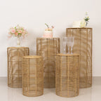 Set of 5 Natural Woven Rattan Wicker Pedestal Stands, Boho Chic Side Table Cylinder Cake Dessert Plant Display Stands - 20",21",24",29",36" - Bell Racket Store