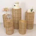 Set of 5 Natural Woven Rattan Wicker Pedestal Stands, Boho Chic Side Table Cylinder Cake Dessert Plant Display Stands - 20",21",24",29",36" - Bell Racket Store