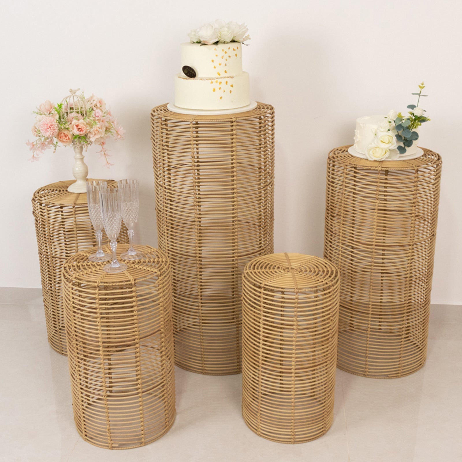 Set of 5 Natural Woven Rattan Wicker Pedestal Stands, Boho Chic Side Table Cylinder Cake Dessert Plant Display Stands - 20",21",24",29",36" - Bell Racket Store