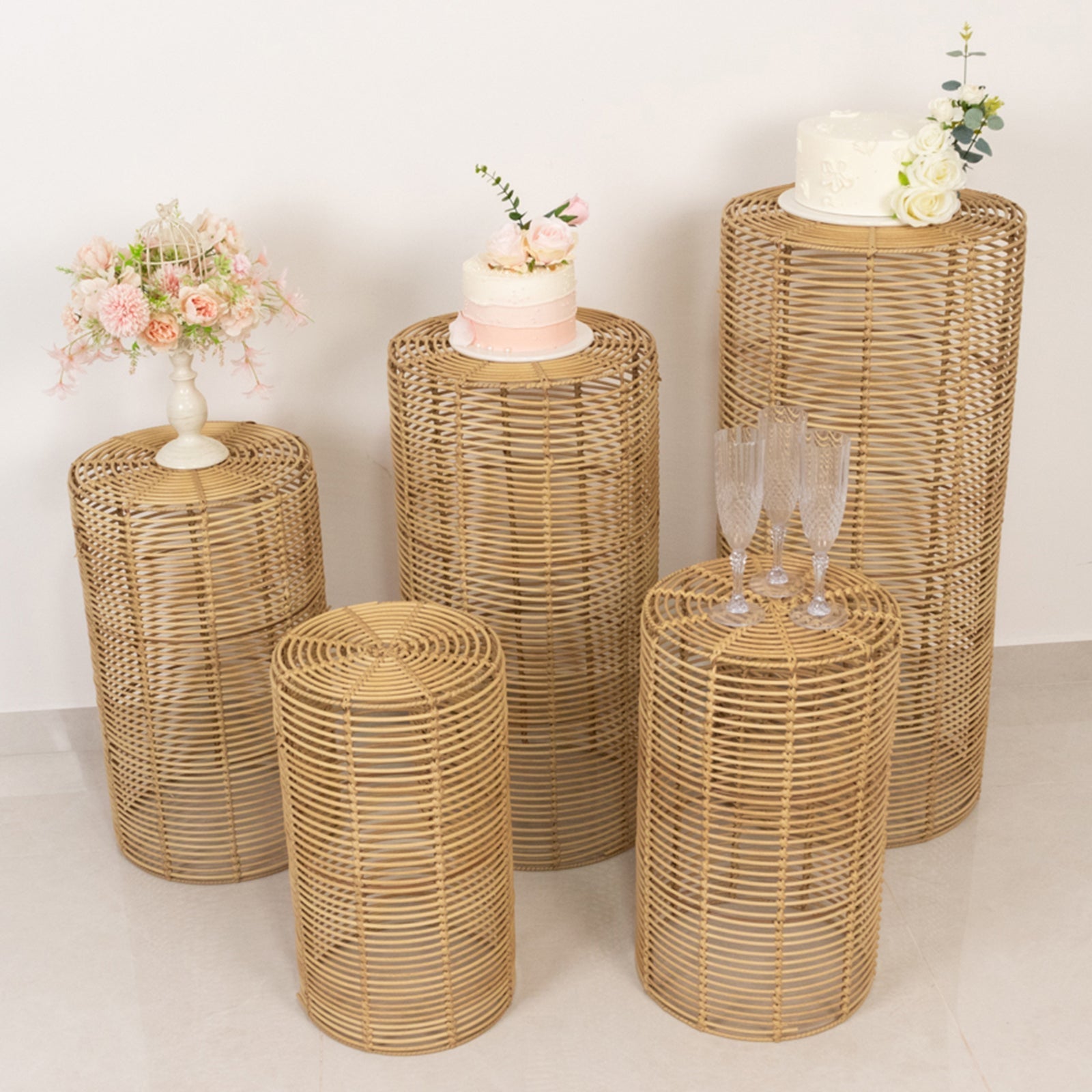 Set of 5 Natural Woven Rattan Wicker Pedestal Stands, Boho Chic Side Table Cylinder Cake Dessert Plant Display Stands - 20",21",24",29",36" - Bell Racket Store