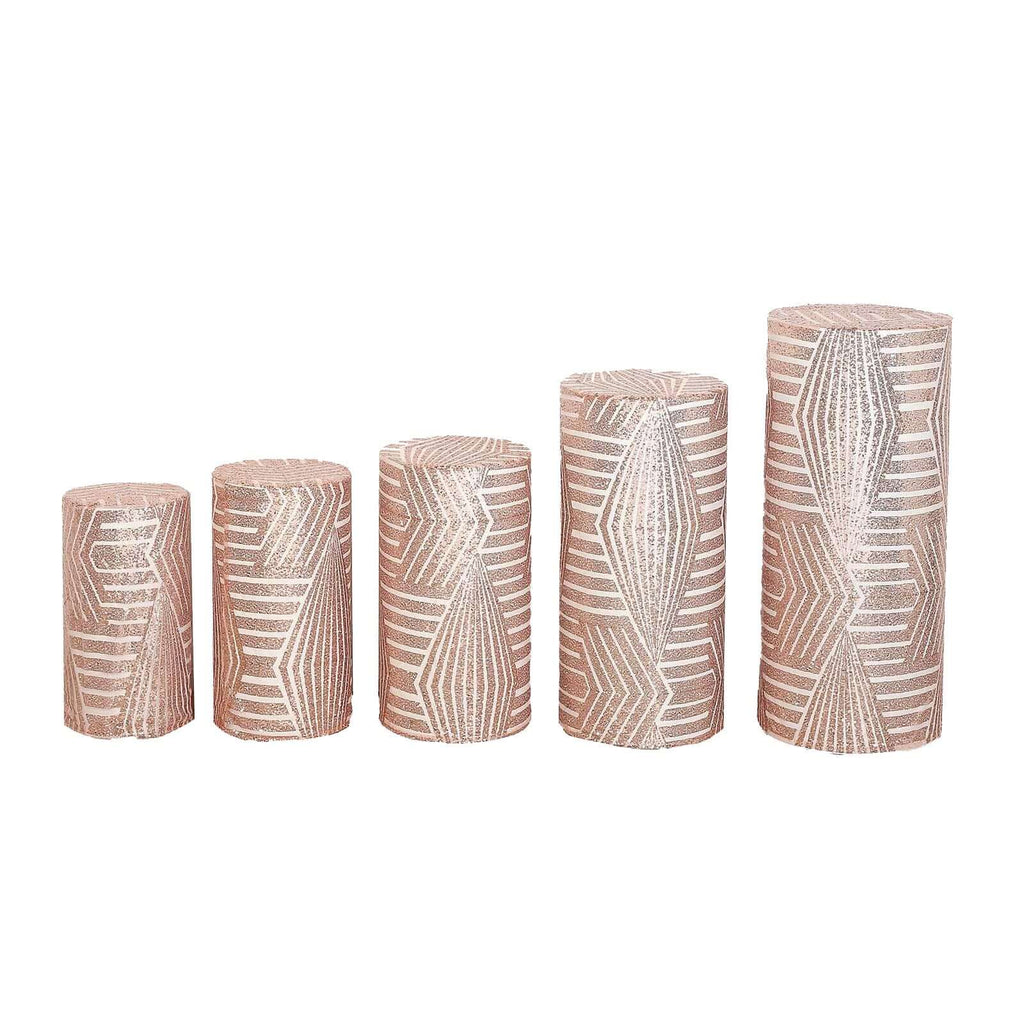 Set of 5 Rose Gold Sequin Mesh Cylinder Pedestal Stand Covers with Geometric Pattern Embroidery, Sparkly Sheer Tulle Pillar Prop Covers - Bell Racket Store