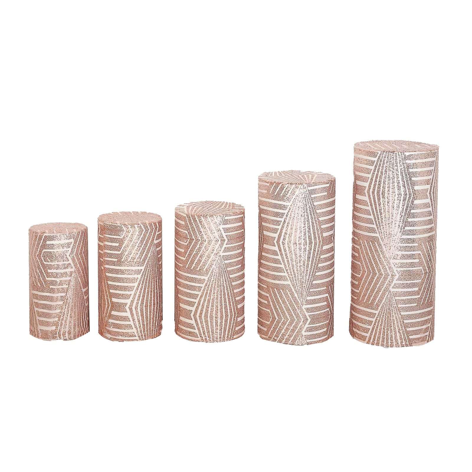 Set of 5 Rose Gold Sequin Mesh Cylinder Pedestal Stand Covers with Geometric Pattern Embroidery, Sparkly Sheer Tulle Pillar Prop Covers - Bell Racket Store