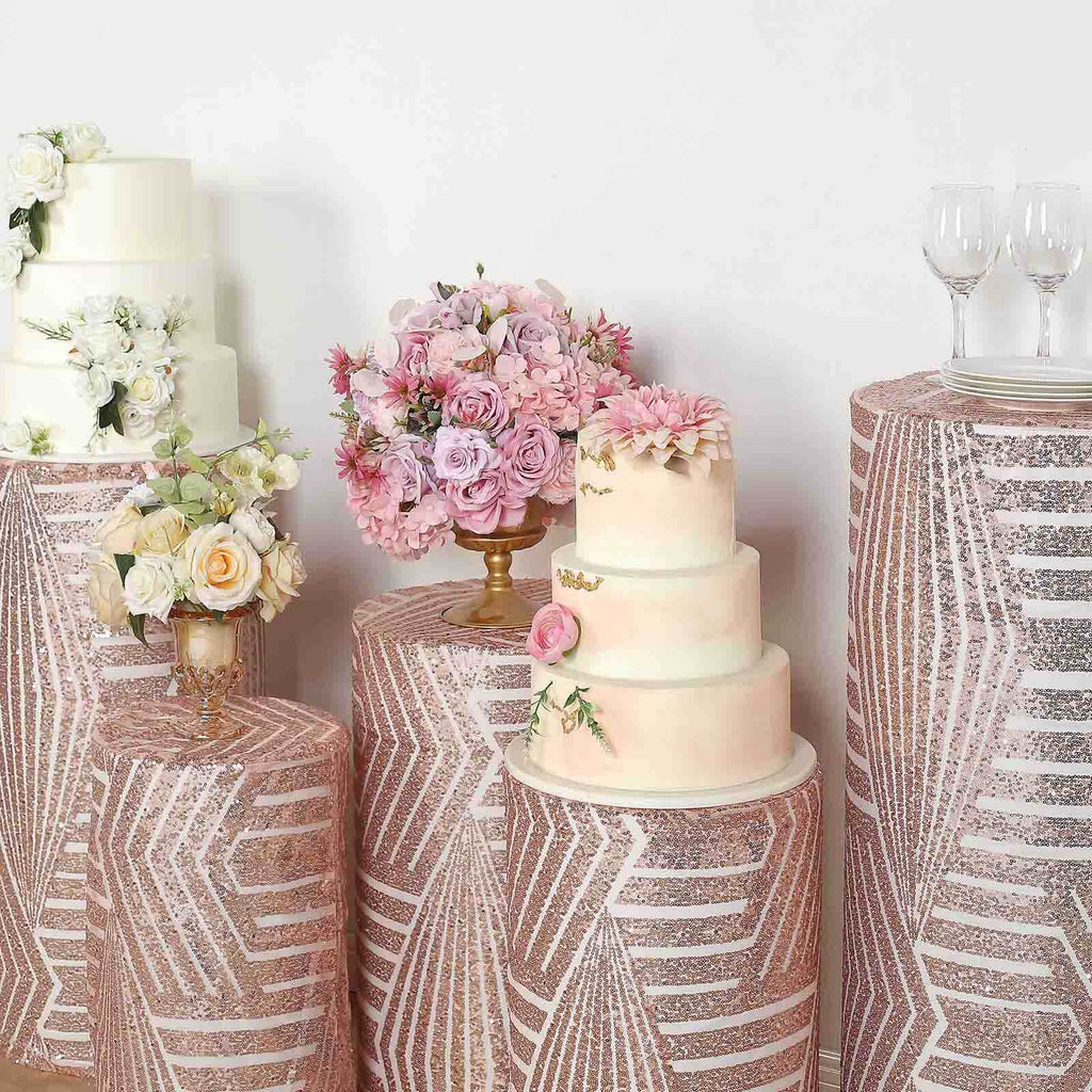 Set of 5 Rose Gold Sequin Mesh Cylinder Pedestal Stand Covers with Geometric Pattern Embroidery, Sparkly Sheer Tulle Pillar Prop Covers - Bell Racket Store