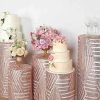 Set of 5 Rose Gold Sequin Mesh Cylinder Pedestal Stand Covers with Geometric Pattern Embroidery, Sparkly Sheer Tulle Pillar Prop Covers - Bell Racket Store