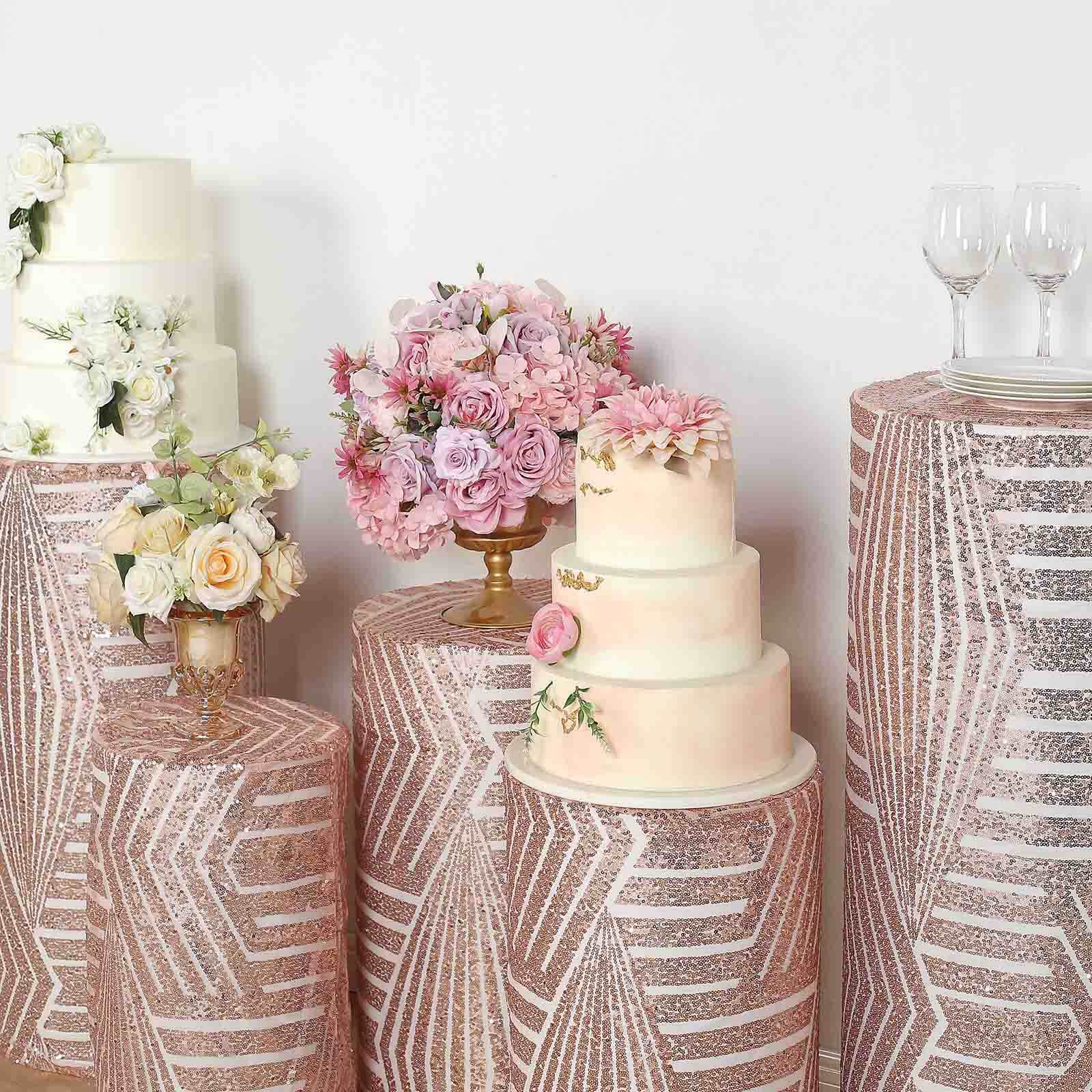 Set of 5 Rose Gold Sequin Mesh Cylinder Pedestal Stand Covers with Geometric Pattern Embroidery, Sparkly Sheer Tulle Pillar Prop Covers - Bell Racket Store