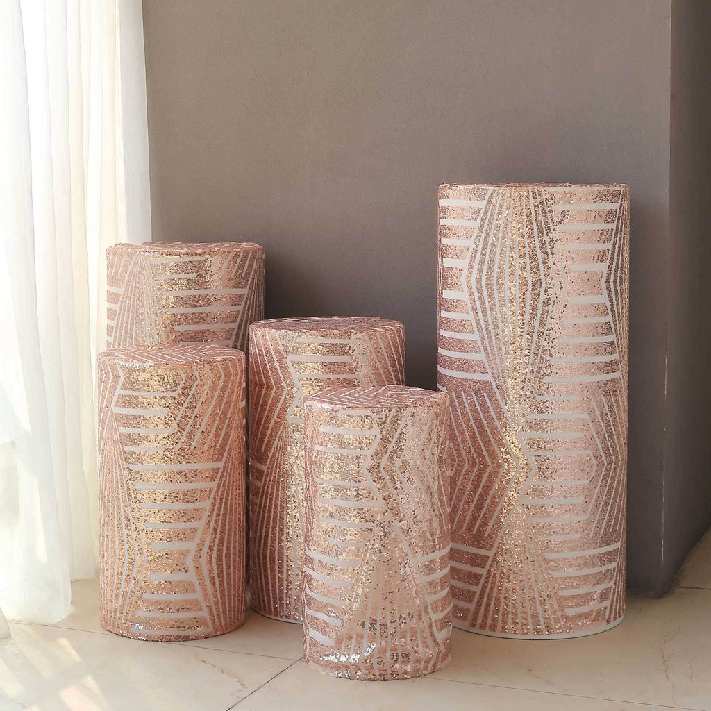 Set of 5 Rose Gold Sequin Mesh Cylinder Pedestal Stand Covers with Geometric Pattern Embroidery, Sparkly Sheer Tulle Pillar Prop Covers - Bell Racket Store
