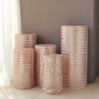 Set of 5 Rose Gold Sequin Mesh Cylinder Pedestal Stand Covers with Geometric Pattern Embroidery, Sparkly Sheer Tulle Pillar Prop Covers - Bell Racket Store