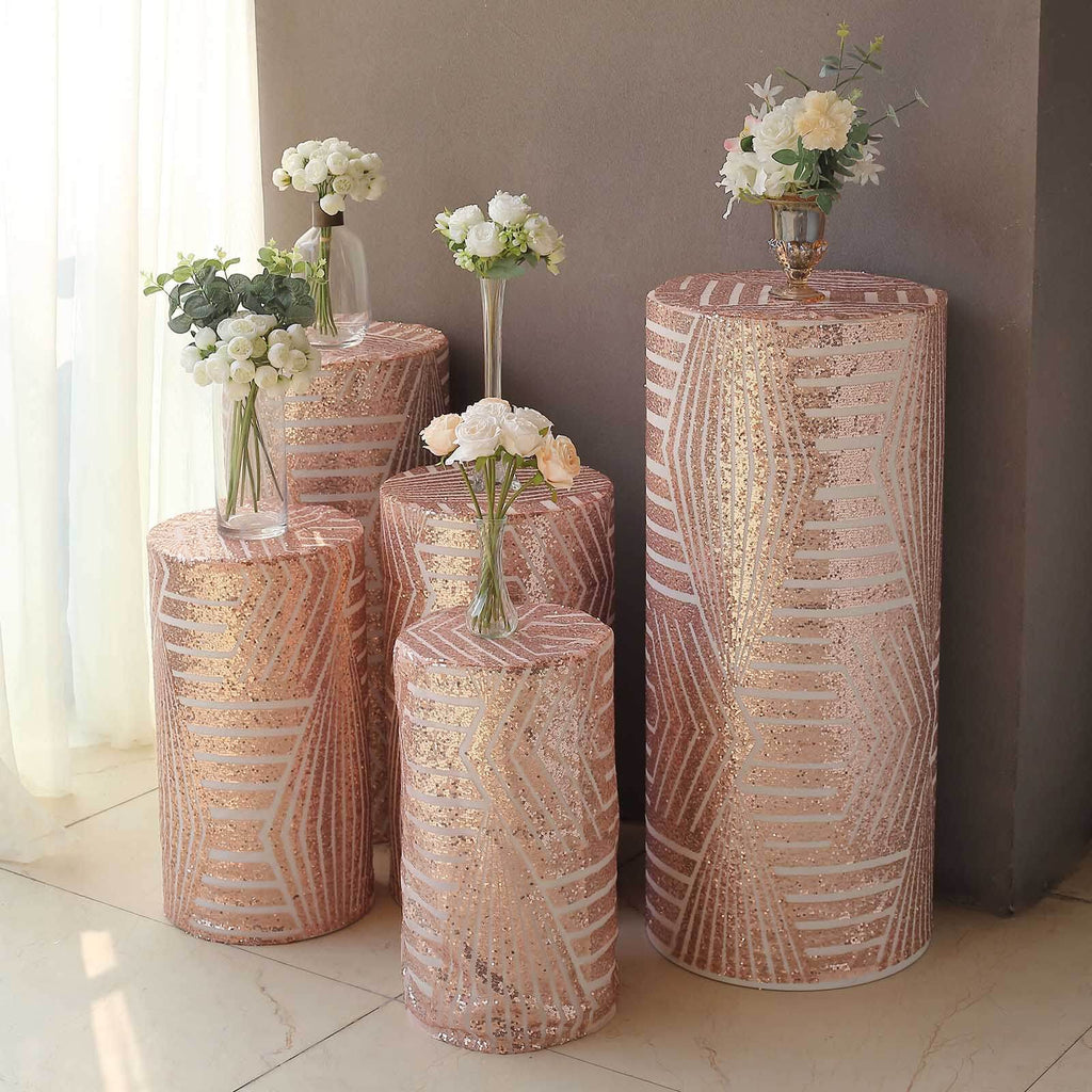 Set of 5 Rose Gold Sequin Mesh Cylinder Pedestal Stand Covers with Geometric Pattern Embroidery, Sparkly Sheer Tulle Pillar Prop Covers - Bell Racket Store